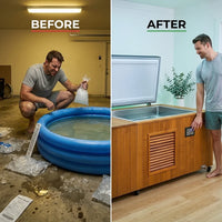 Cedar Cold Plunge Built to Maintain Ice Bath Temperatures, 304 Stainless Steel Basin, Ozone UV Filtration, 1.5 HP Chiller — Before & After