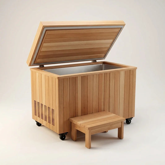 Cedar Cold Plunge Built to Maintain Ice Bath Temperatures, 304 Stainless Steel Basin, Ozone UV Filtration, 1.5 HP Chiller — Studio Shot