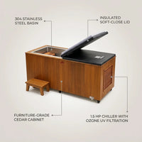 Cedar Cold Plunge Built to Maintain Ice Bath Temperatures, 304 Stainless Steel Basin, Ozone UV Filtration, 1.5 HP Chiller — infographic